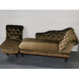 A button backed chaise longue together with a matching button backed nursing chair, chaise L.