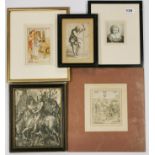 A group of four engravings and prints, largest unframed 30 x 33cm.