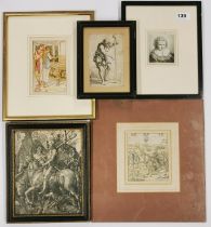 A group of four engravings and prints, largest unframed 30 x 33cm.