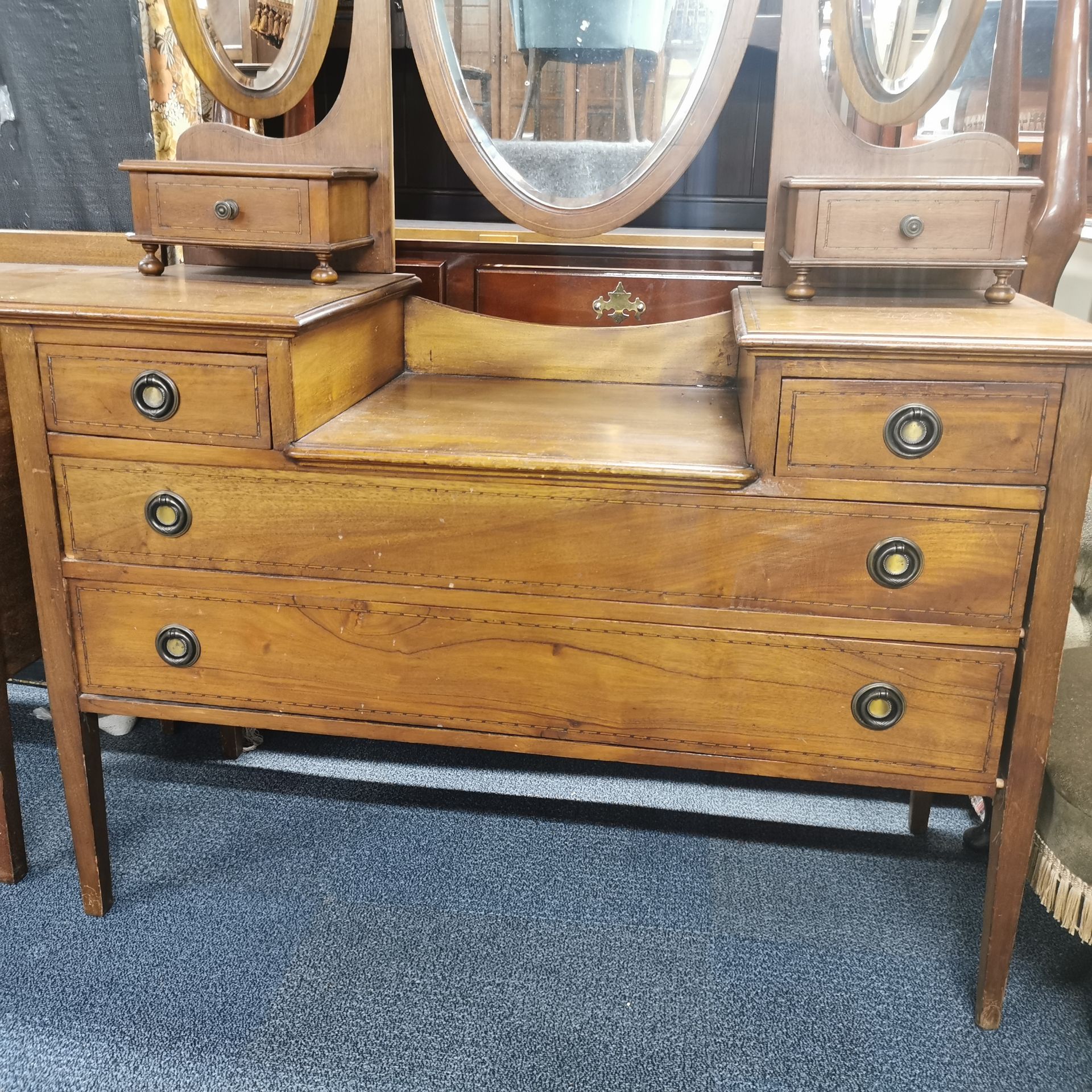 An inlaid mahogany six drawer dressing table and mirrors, overall 170 x 112 x 48cm, together with an - Image 5 of 7