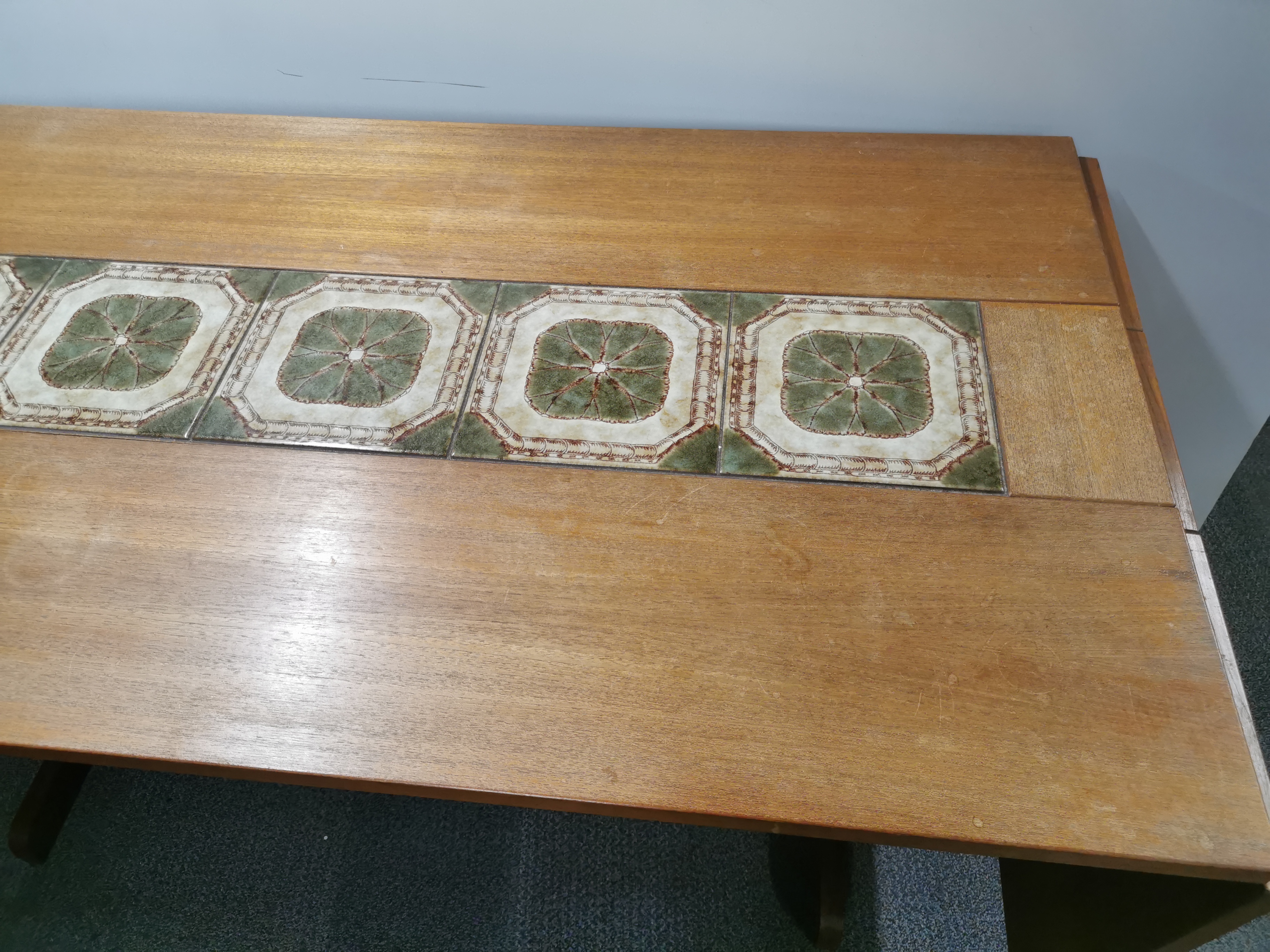 A 1970's tile topped teak drop leaf extending dining table, overall 255 x 87cm. - Image 3 of 7