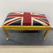 A Union Jack upholstered long gilt wood stool, L. 105cm H. 55cm.
