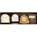 Five vintage mantel clocks and a volt meter, H. 20cm.