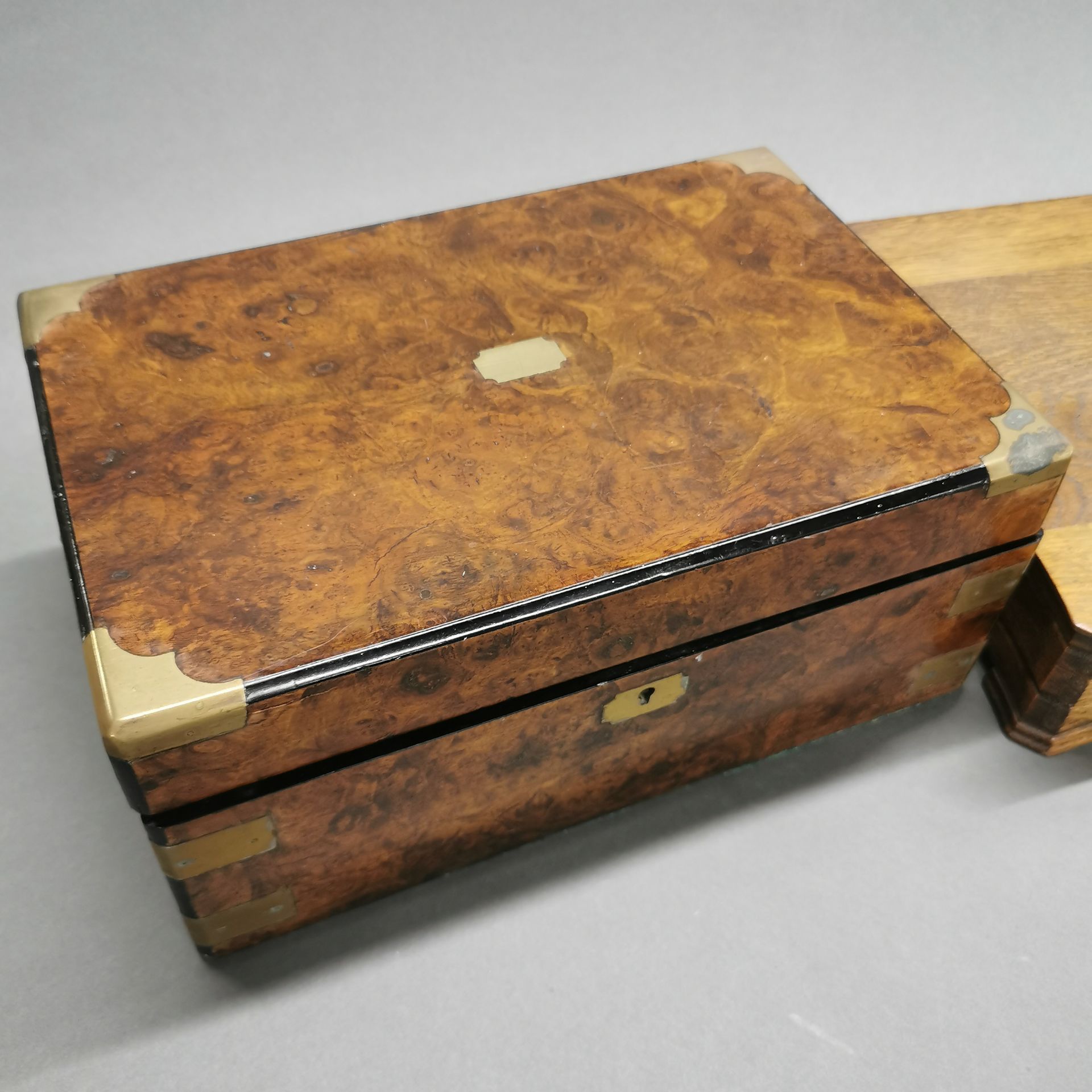 A Victorian brass bound walnut veneered writing slope, size 35 x 23 x 15cm. Together with an oak - Image 6 of 6