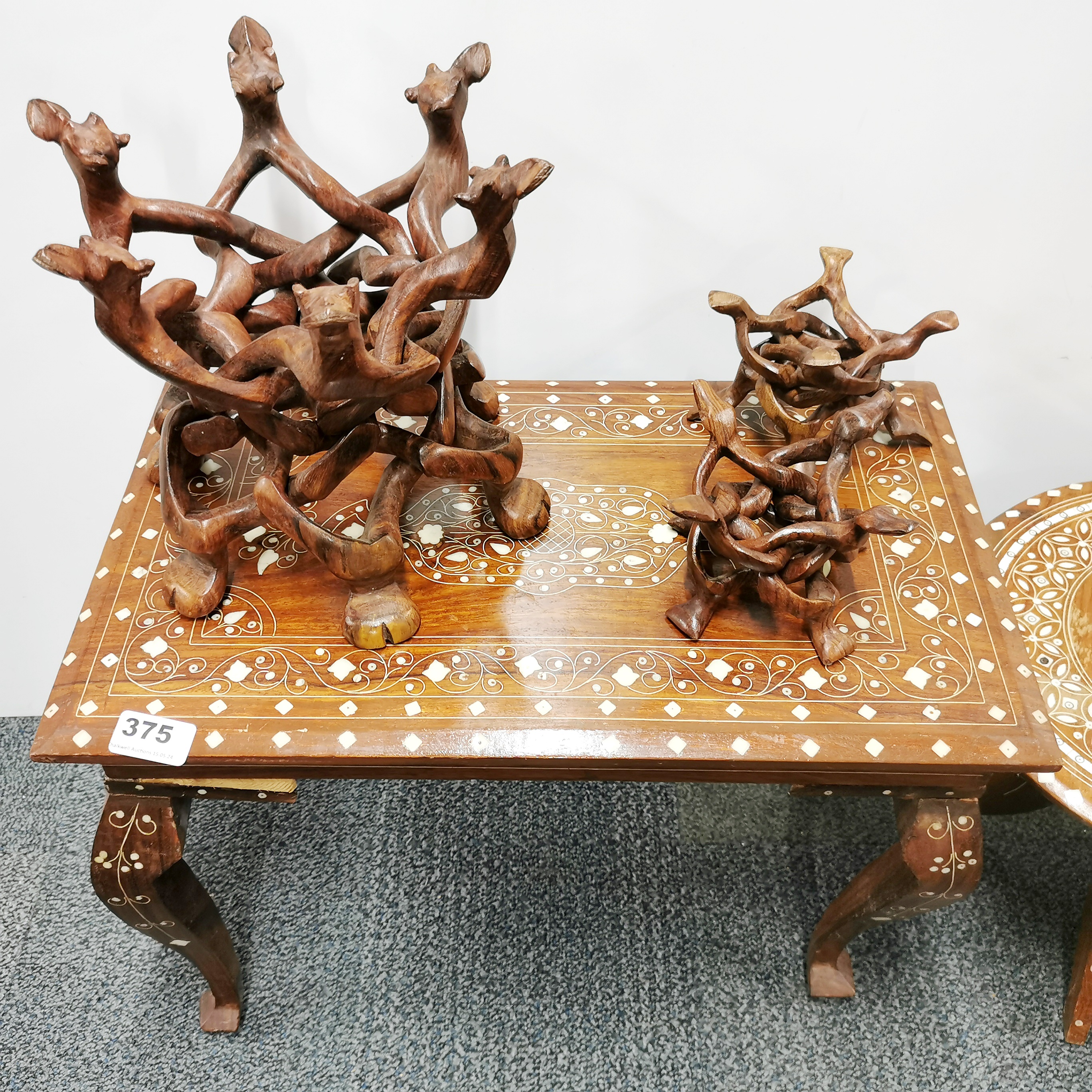 A group of Indian inlaid tables and puzzle bowl stands, largest table 30 x 50 x 38cm. - Image 3 of 4