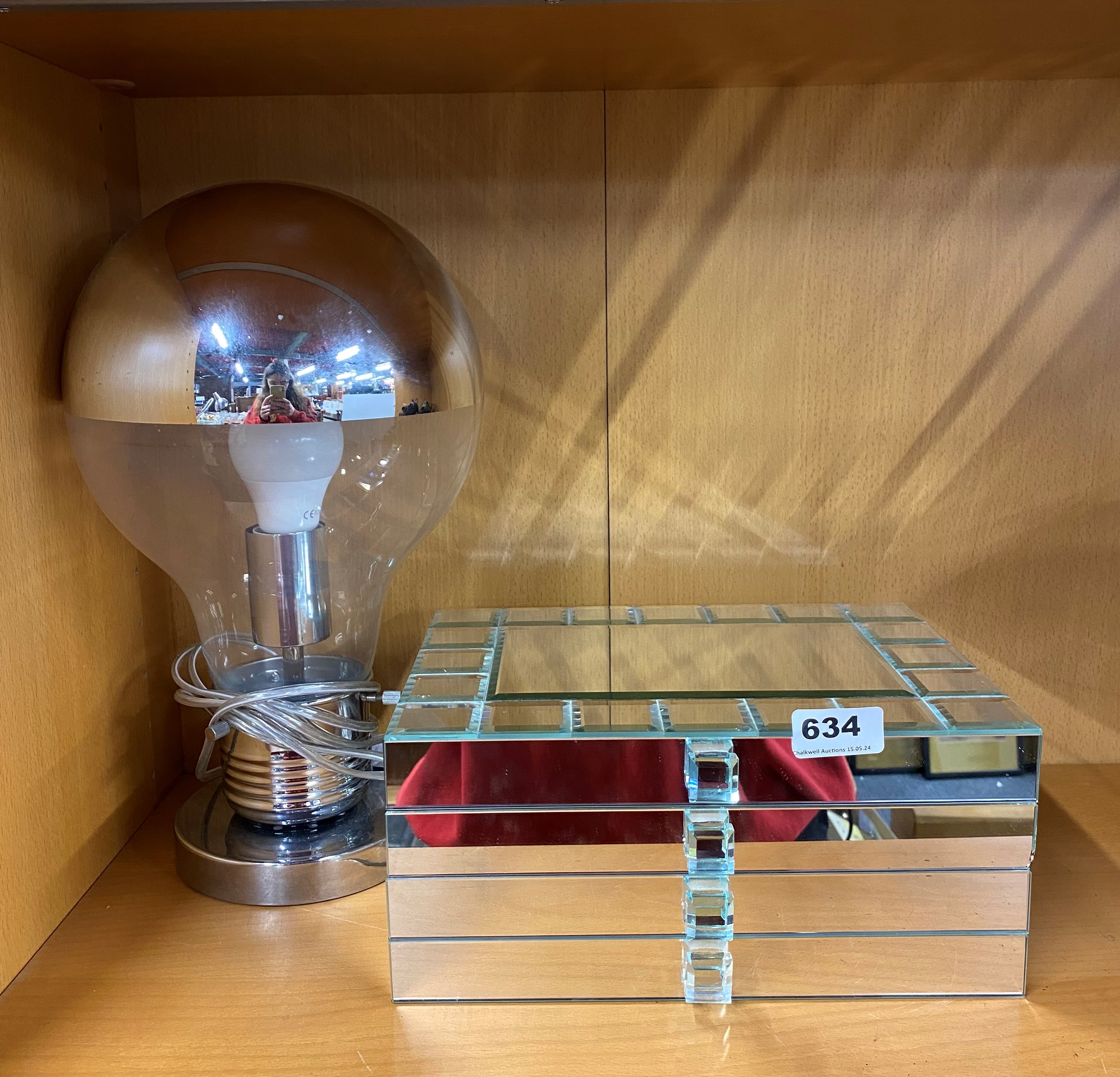 A novelty light bulb table lamp, H. 38cm, together with a mirrored jewellery box.