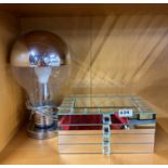 A novelty light bulb table lamp, H. 38cm, together with a mirrored jewellery box.