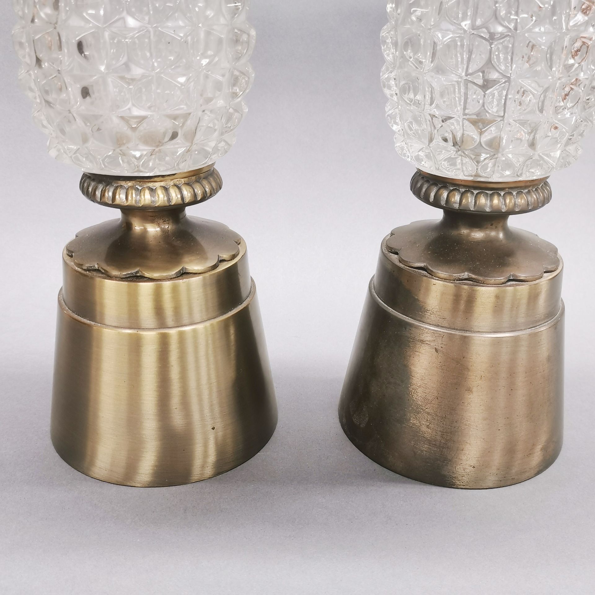 A pair of interesting brushed brass and glass table lamp bases, H. 49cm. - Image 2 of 3