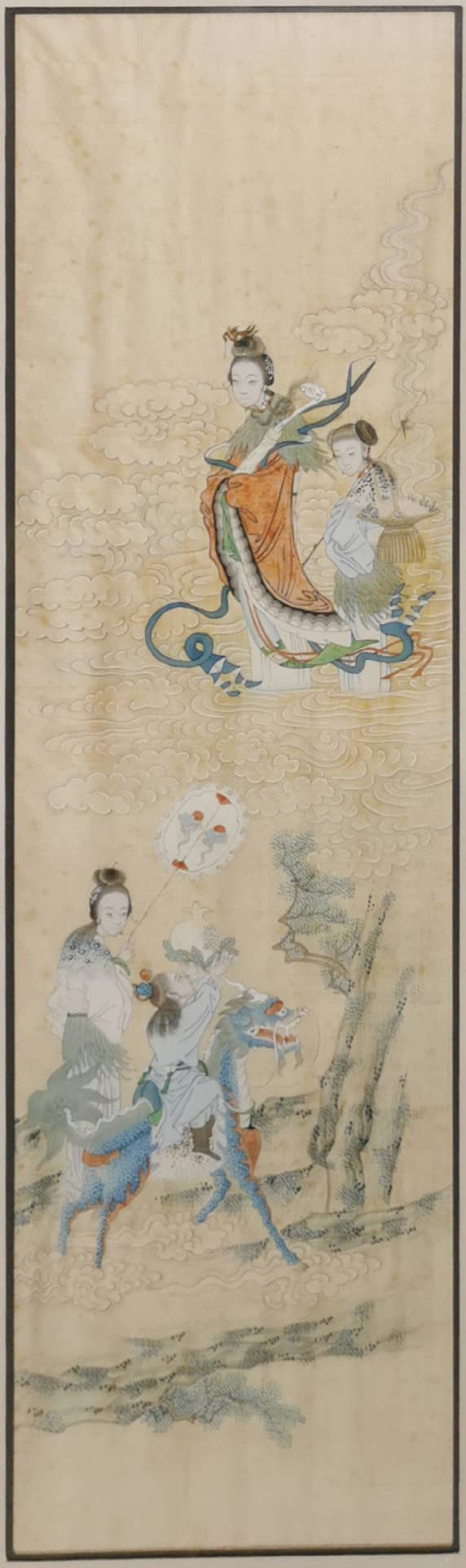 A pair of 1920's Chinese framed watercolours on silk, frame size. 34 x 84cm. - Image 2 of 2