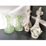 A pair of 19thC porcelain dressing table bottles, H. 24cm. Together with a pair of glass lustres.