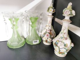 A pair of 19thC porcelain dressing table bottles, H. 24cm. Together with a pair of glass lustres.