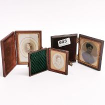 A group of three 19thC portrait miniatures, largest case 11cm.