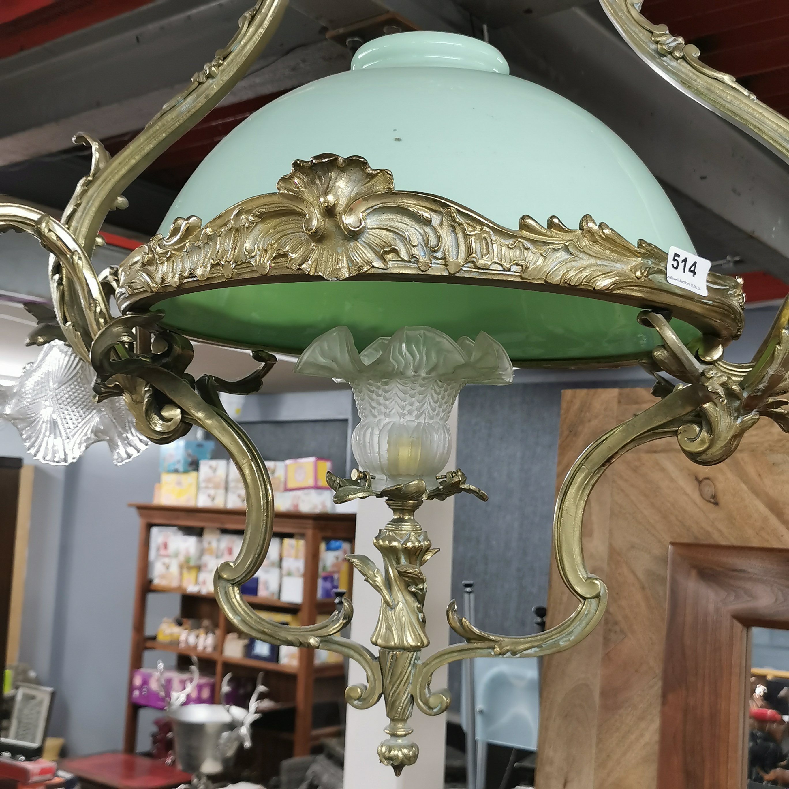 A superb Art Nouveau design brass celling light fitting, H. 90cm, W. 92cm. - Bild 2 aus 6