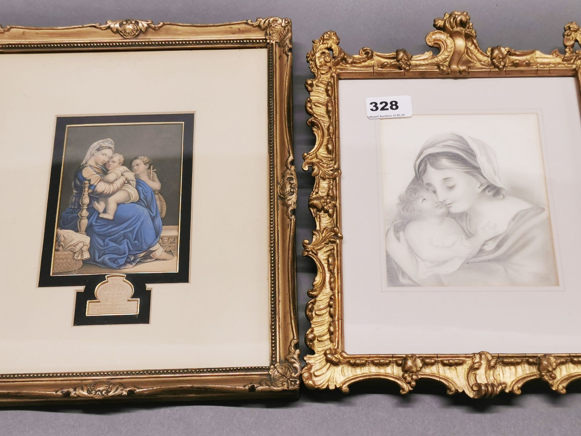 A 19thC gilt framed Baxter print of the Holy family. With a framed needle point and pencil sketch, - Image 3 of 3