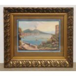 A large gilt framed gouache of the bay of Naples and mount Vesuvius, frame size 79 x 66cm.