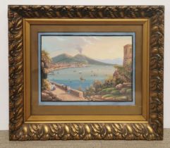 A large gilt framed gouache of the bay of Naples and mount Vesuvius, frame size 79 x 66cm.
