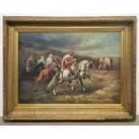A large gilt framed oil on canvas of Arab horsemen, after D. Salanger, frame size 115 x 87cm.