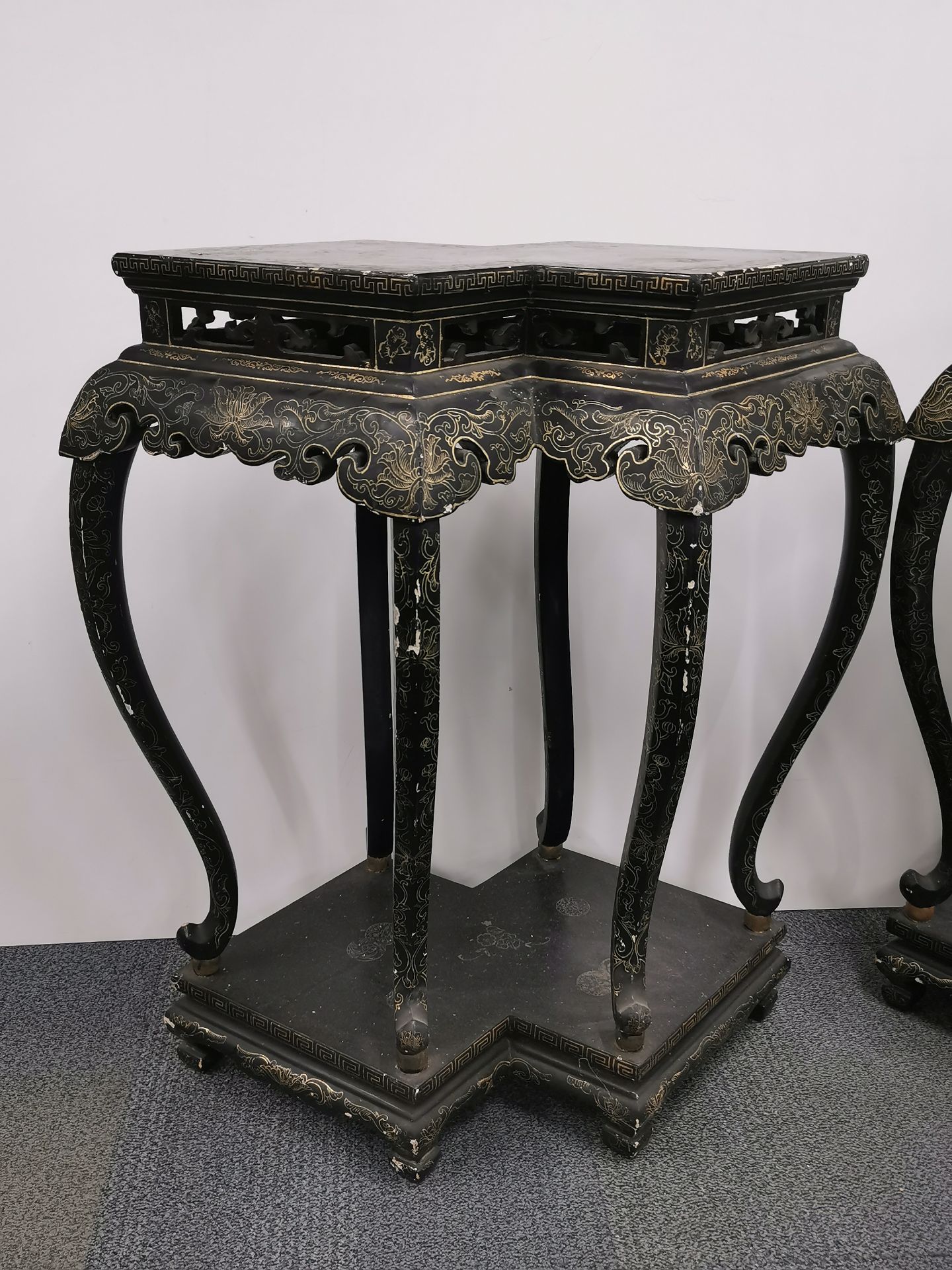 A pair of interesting Chinese lacquered carved wood stands, W. 86cm, H. 90cm. - Image 4 of 4