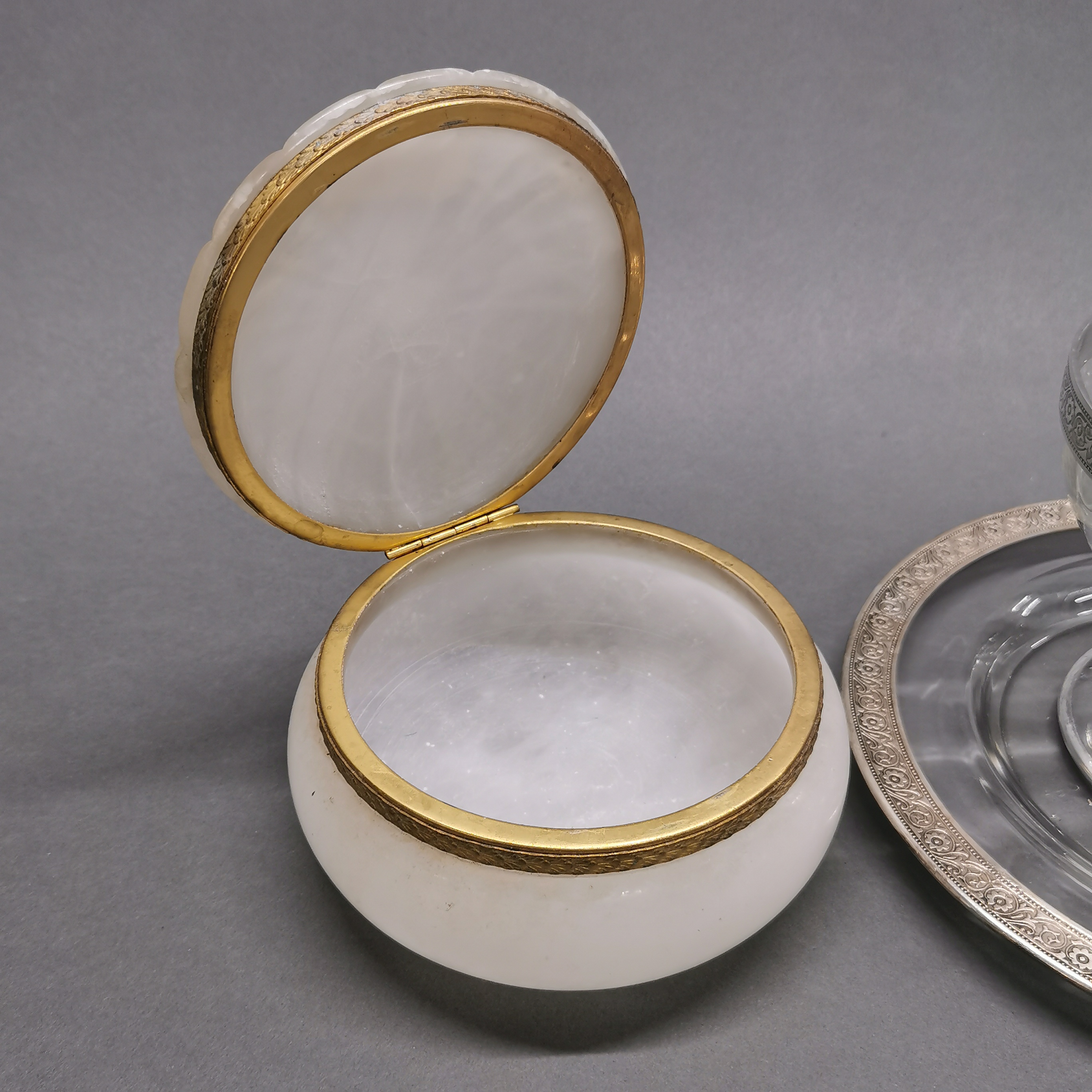 Two silver rimmed glass items, largest dia 22cm. Together with a gilt mounted alabaster box. - Image 3 of 3