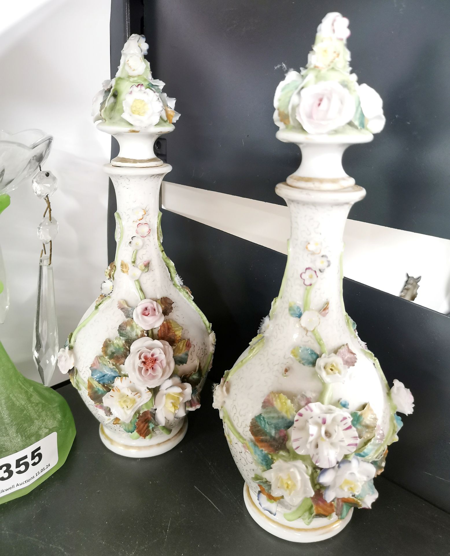 A pair of 19thC porcelain dressing table bottles, H. 24cm. Together with a pair of glass lustres. - Image 3 of 3