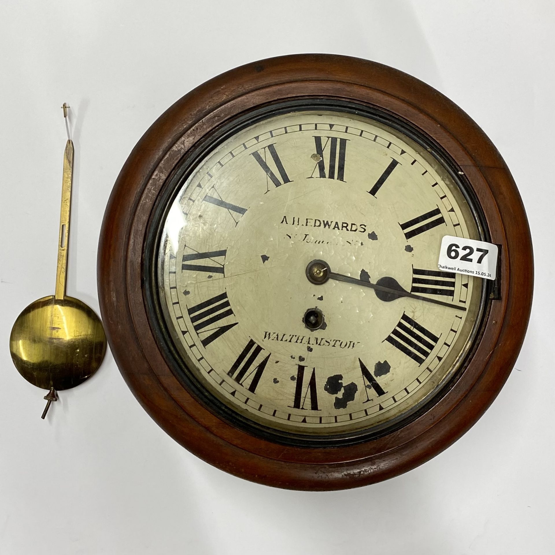 A 19thC fusee wall clock by A.H.Edwards of Walthamstow, dia. 28cm.