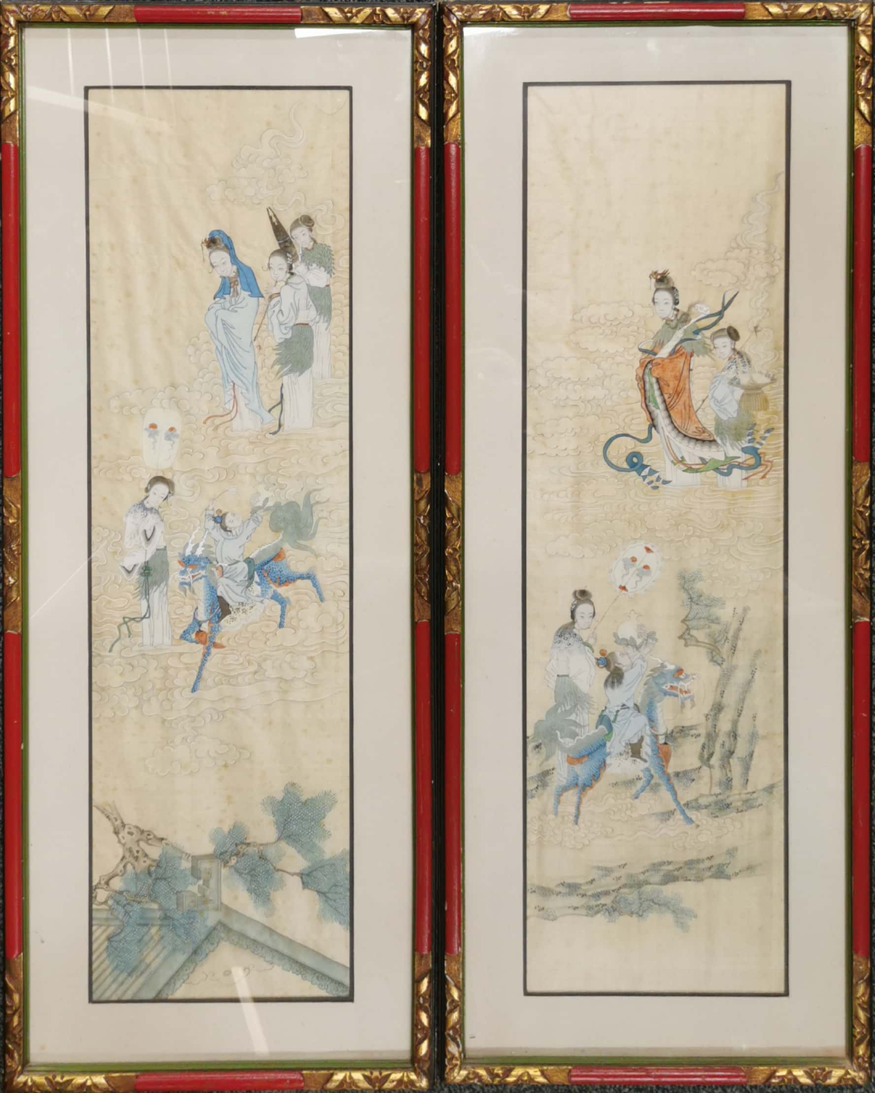 A pair of 1920's Chinese framed watercolours on silk, frame size. 34 x 84cm.