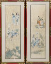 A pair of 1920's Chinese framed watercolours on silk, frame size. 34 x 84cm.