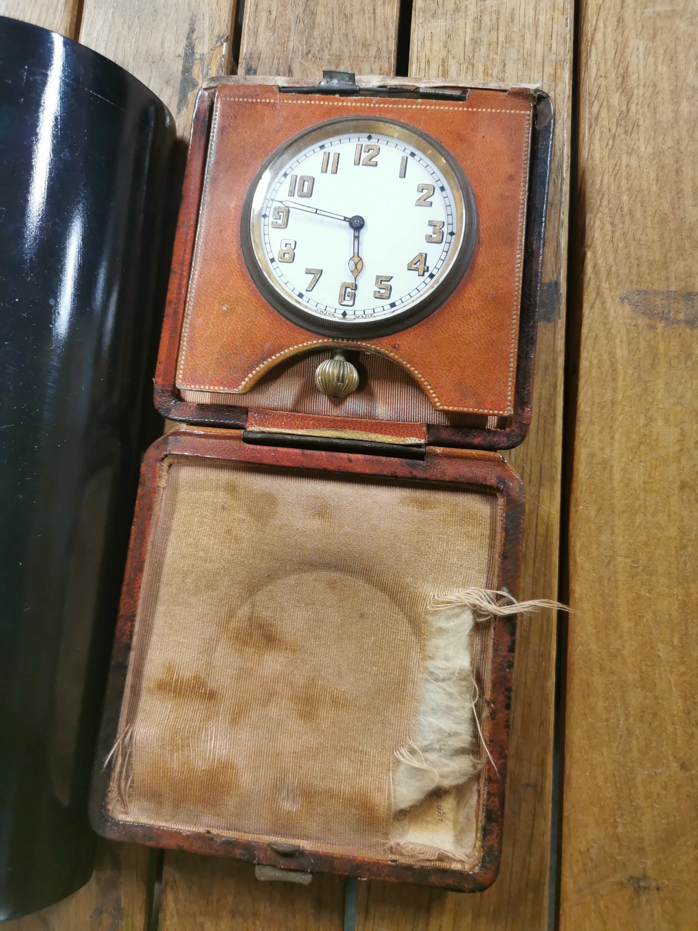 A vintage leather folding travel clock with two small alarm clocks and a battery operated wall - Image 2 of 3