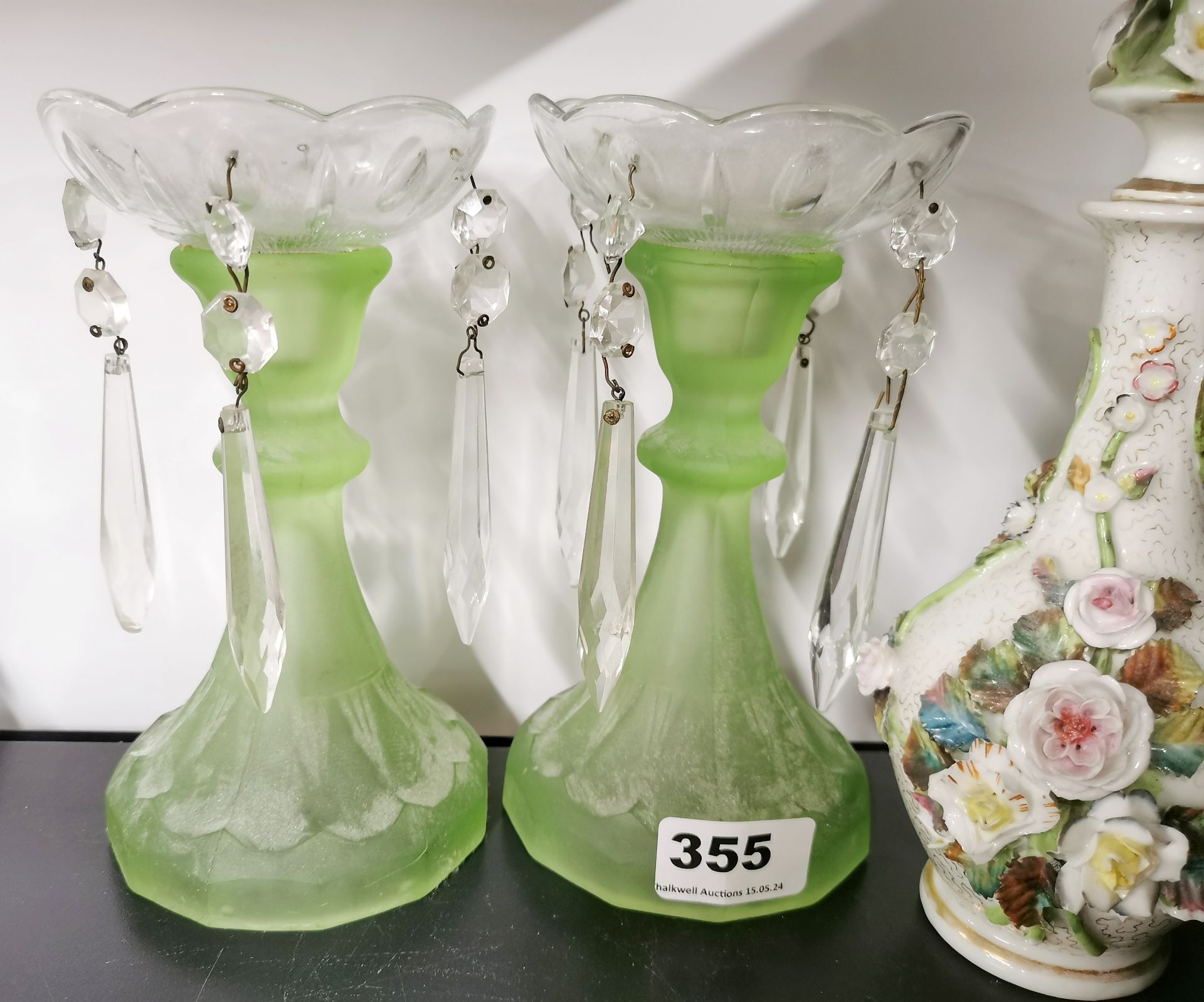 A pair of 19thC porcelain dressing table bottles, H. 24cm. Together with a pair of glass lustres. - Image 2 of 3