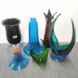 Five good glass items, tallest 48cm. Blue vase in two pieces.