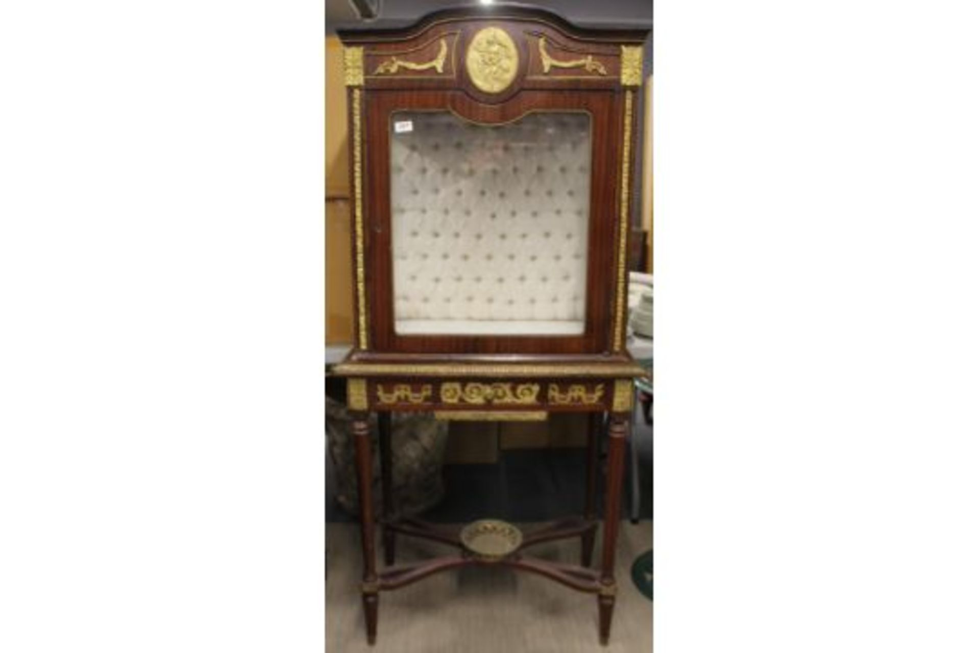 An early 20th century single drawer French ormolu mounted mahogany veneered display cabinet, 168 x