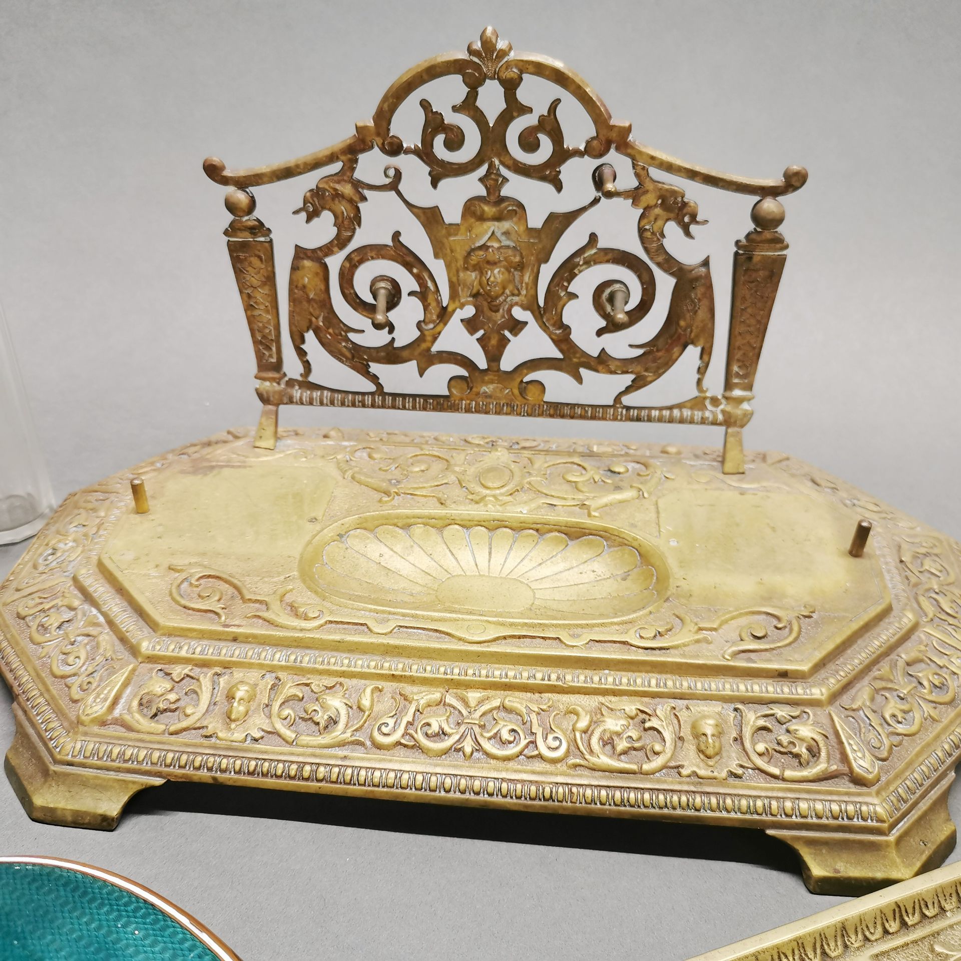 An interesting brass desk stand, width 35cm. With a brass pen tray and an enamelled dressing table - Image 2 of 3