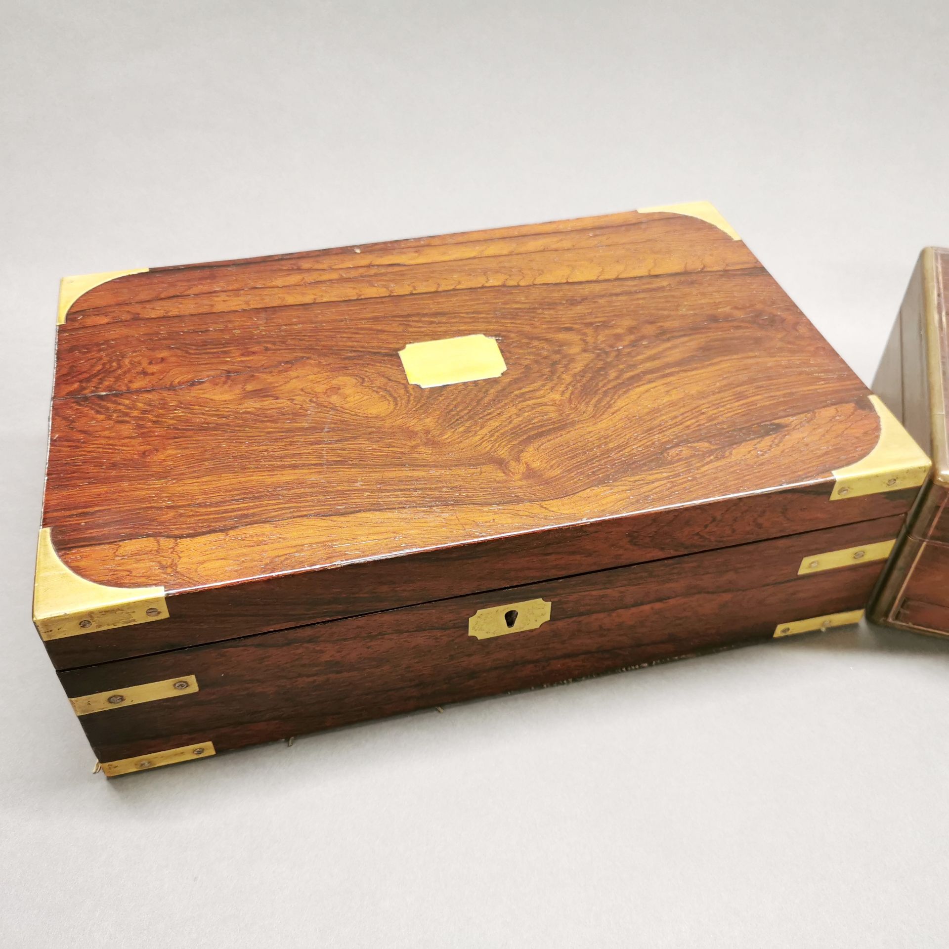 A brass bound mahogany writing slope with a 19thC brass bound rosewood veneered box with secret - Image 5 of 6