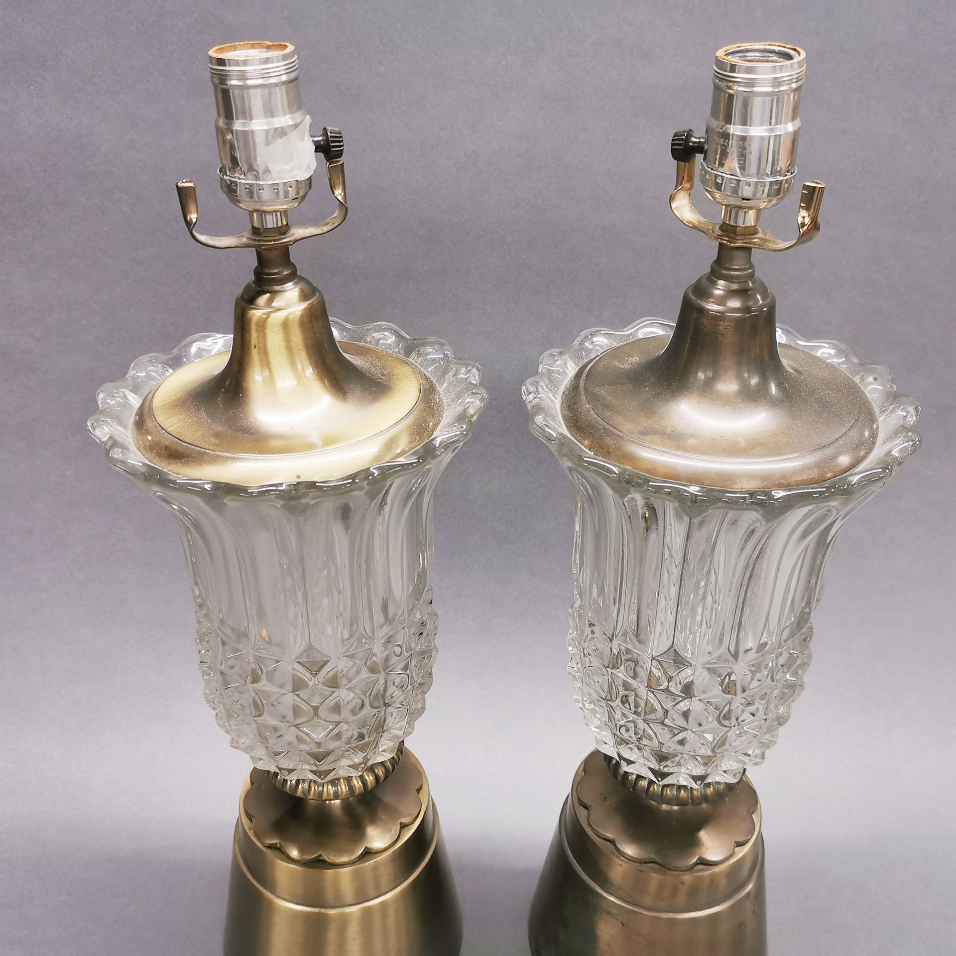 A pair of interesting brushed brass and glass table lamp bases, H. 49cm. - Image 3 of 3