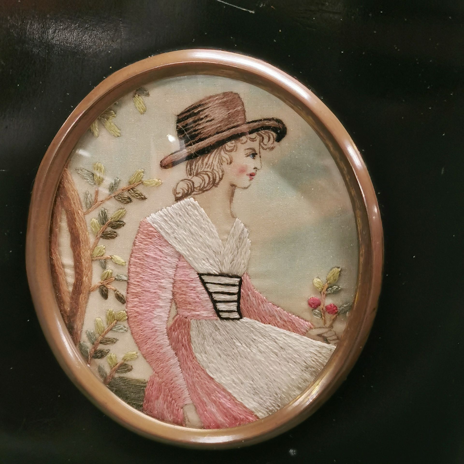 A pair of early 19thC framed miniature embroideries, frame size. 16.5 x 14cm. - Image 2 of 3