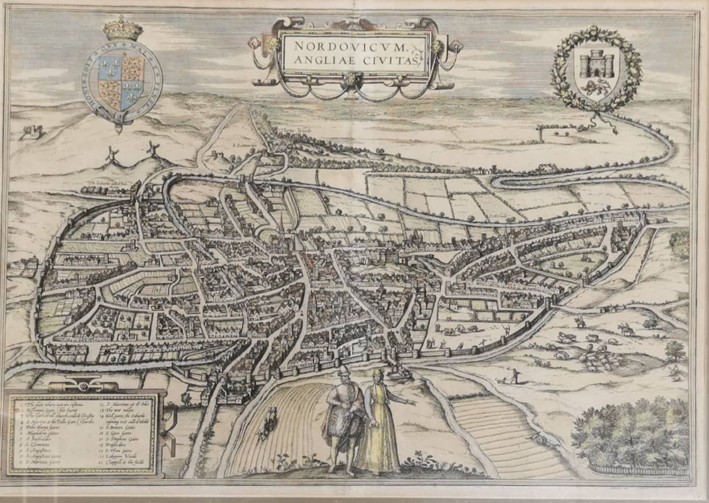 A framed engraved Plan of Norwich circa. 1582, frame size. 64 x 52cm. - Image 2 of 2