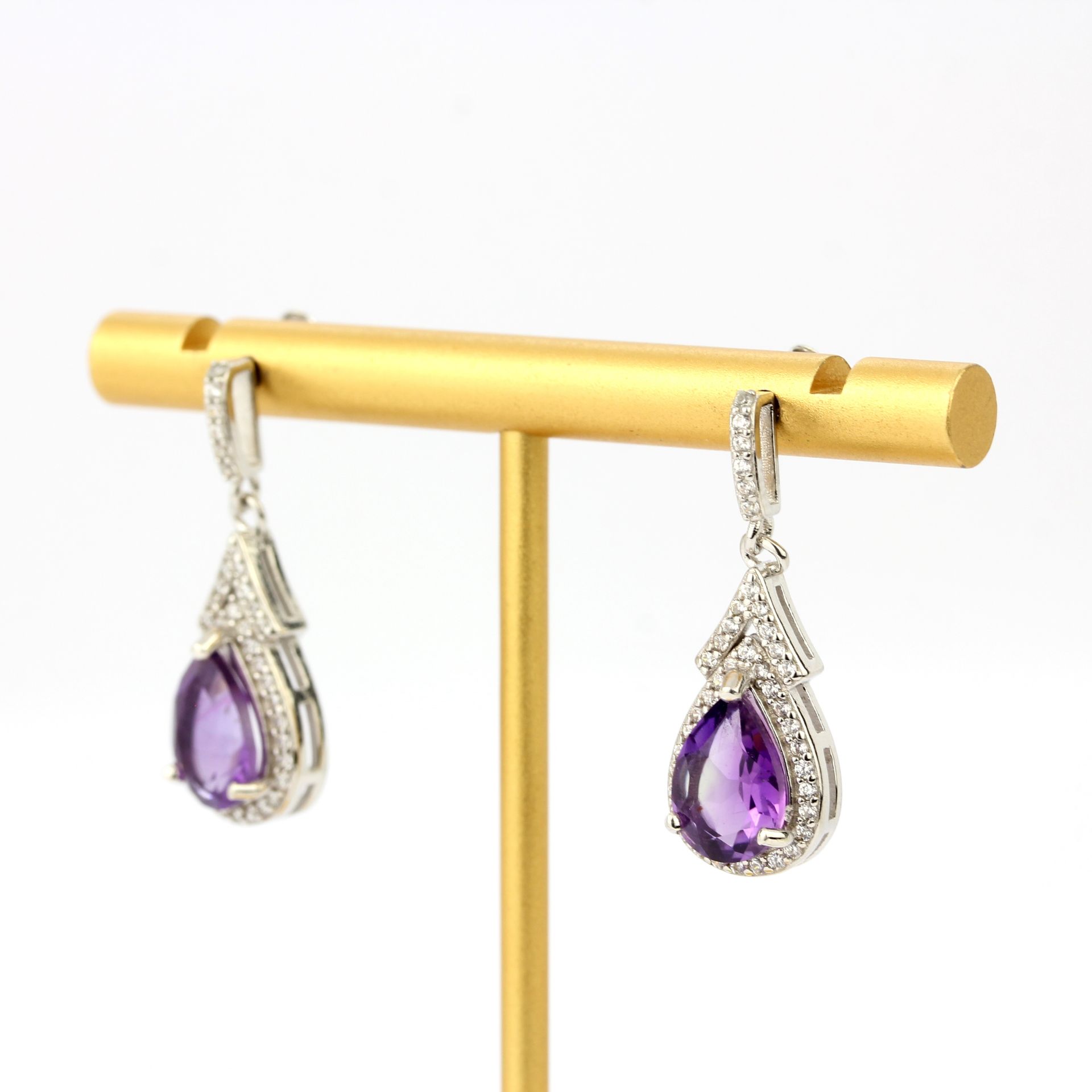 A pair of 925 silver drop earrings set with pear cut amethysts and white stones, L. 2.8cm. - Image 2 of 2