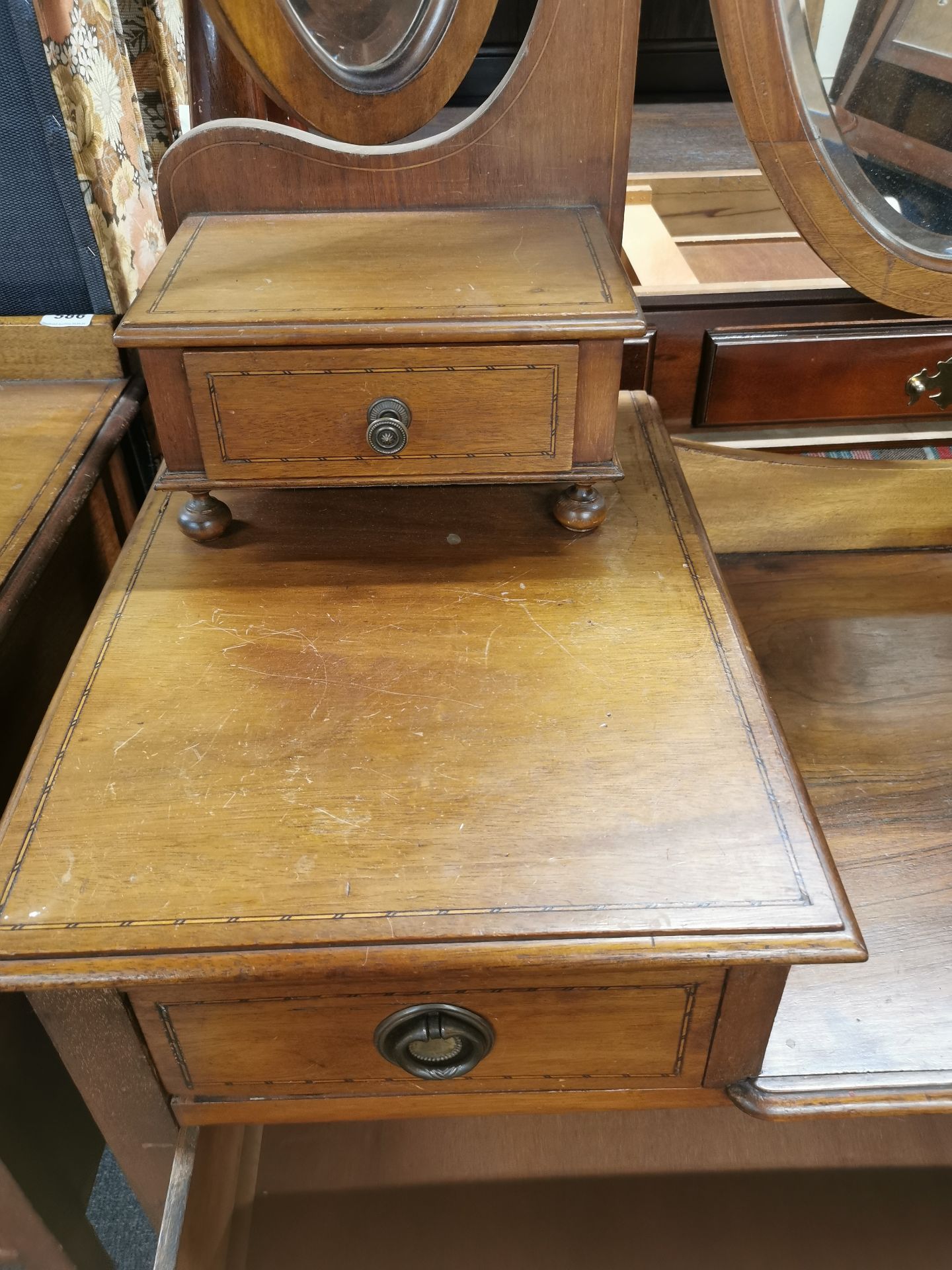 An inlaid mahogany six drawer dressing table and mirrors, overall 170 x 112 x 48cm, together with an - Image 7 of 7