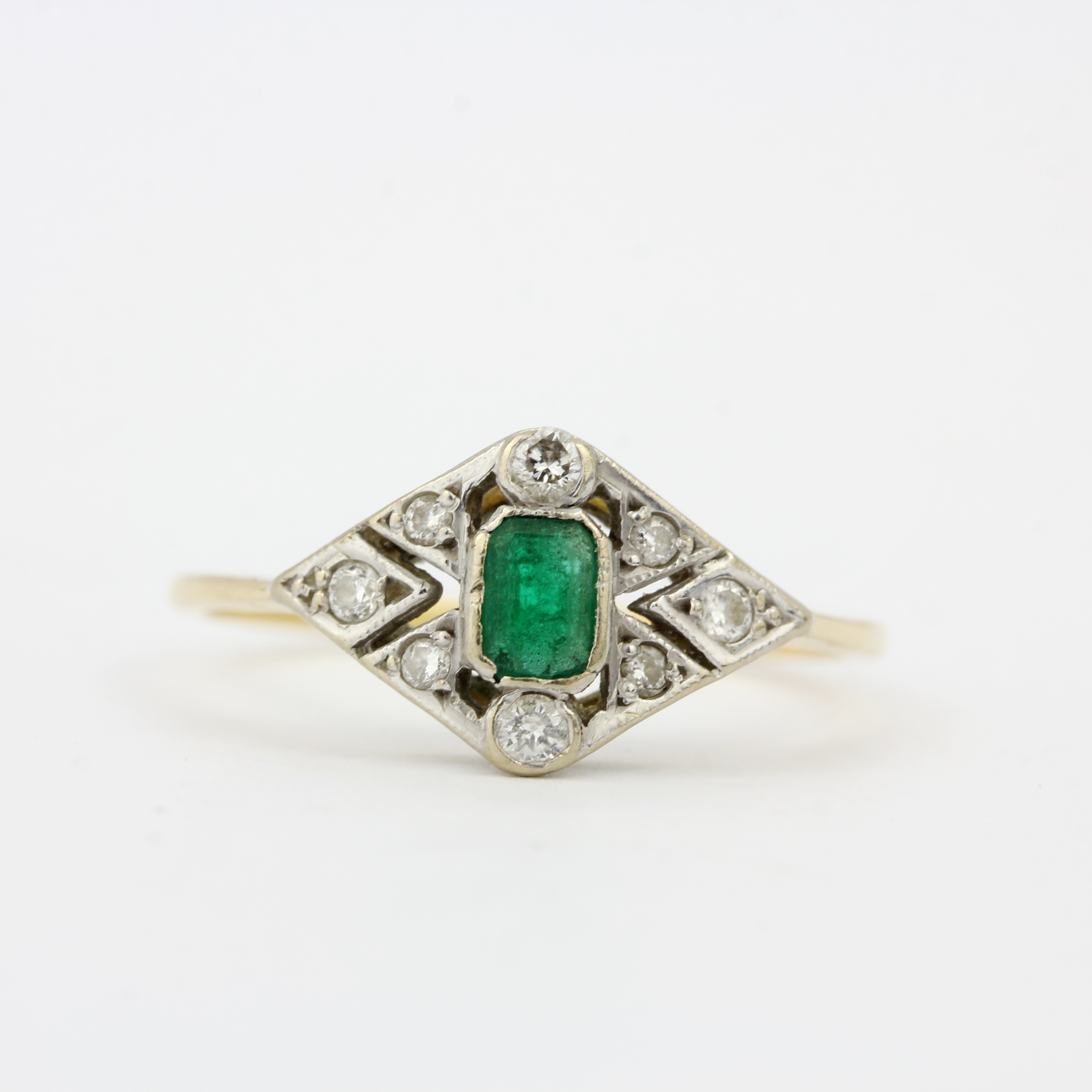 An Art Deco 18ct gold and platinum (worn hallmarks) ring set with diamonds and an emerald cut - Image 2 of 3