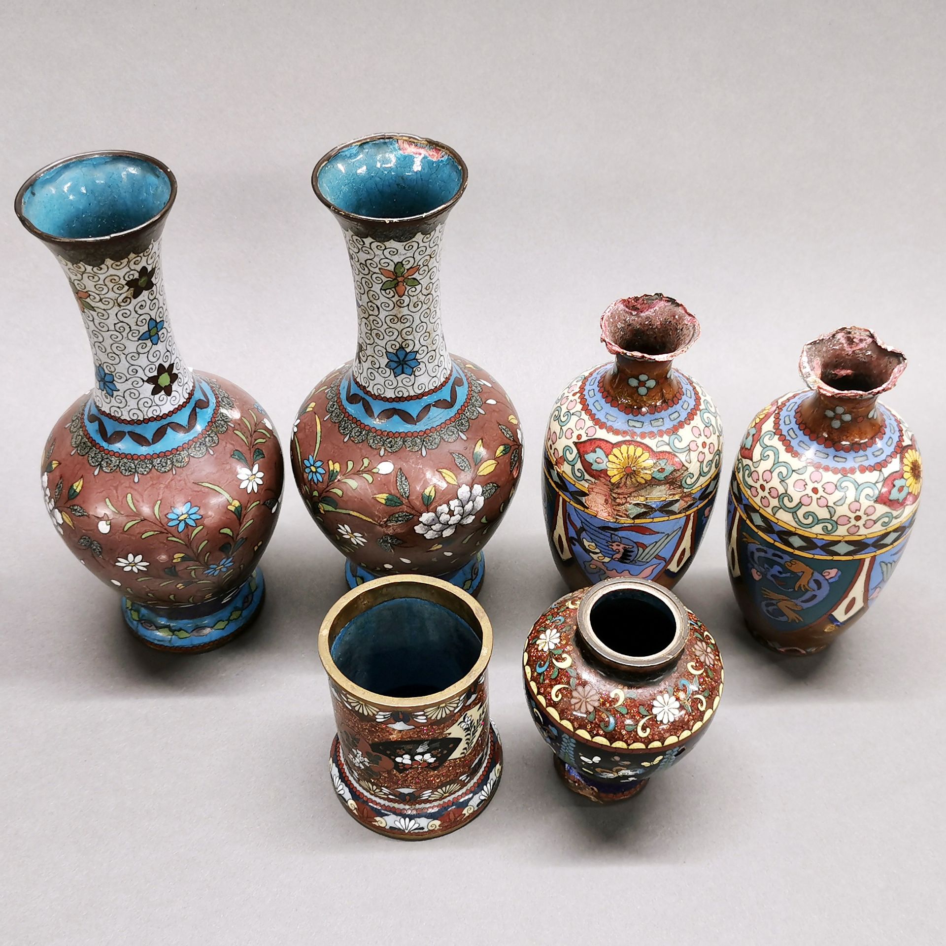 A group of 19thC Japanese cloisonne vases, tallest. 23cm A/F to some. - Image 2 of 4