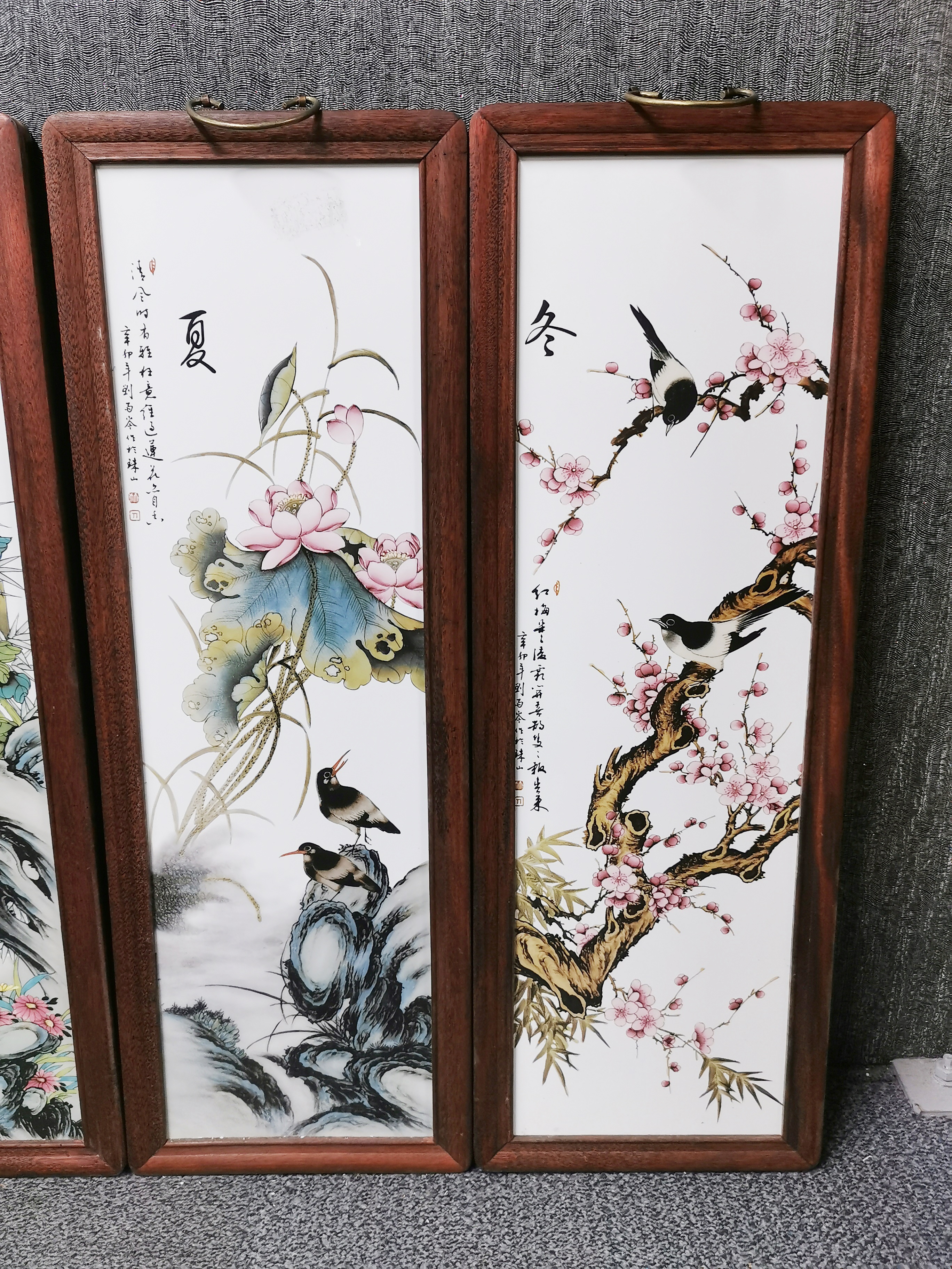 A hardwood framed set of four Chinese porcelain wall panels, H. 80cm. - Image 3 of 4