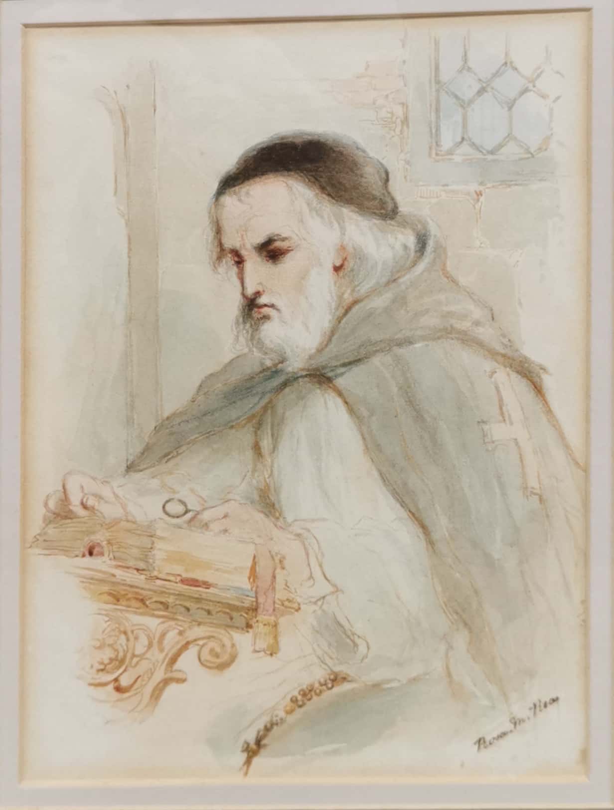 A gilt framed watercolour of a Religious scholar signed Rosa. M. Ria c.1870. Frame size 34 x 40cm. - Image 3 of 3