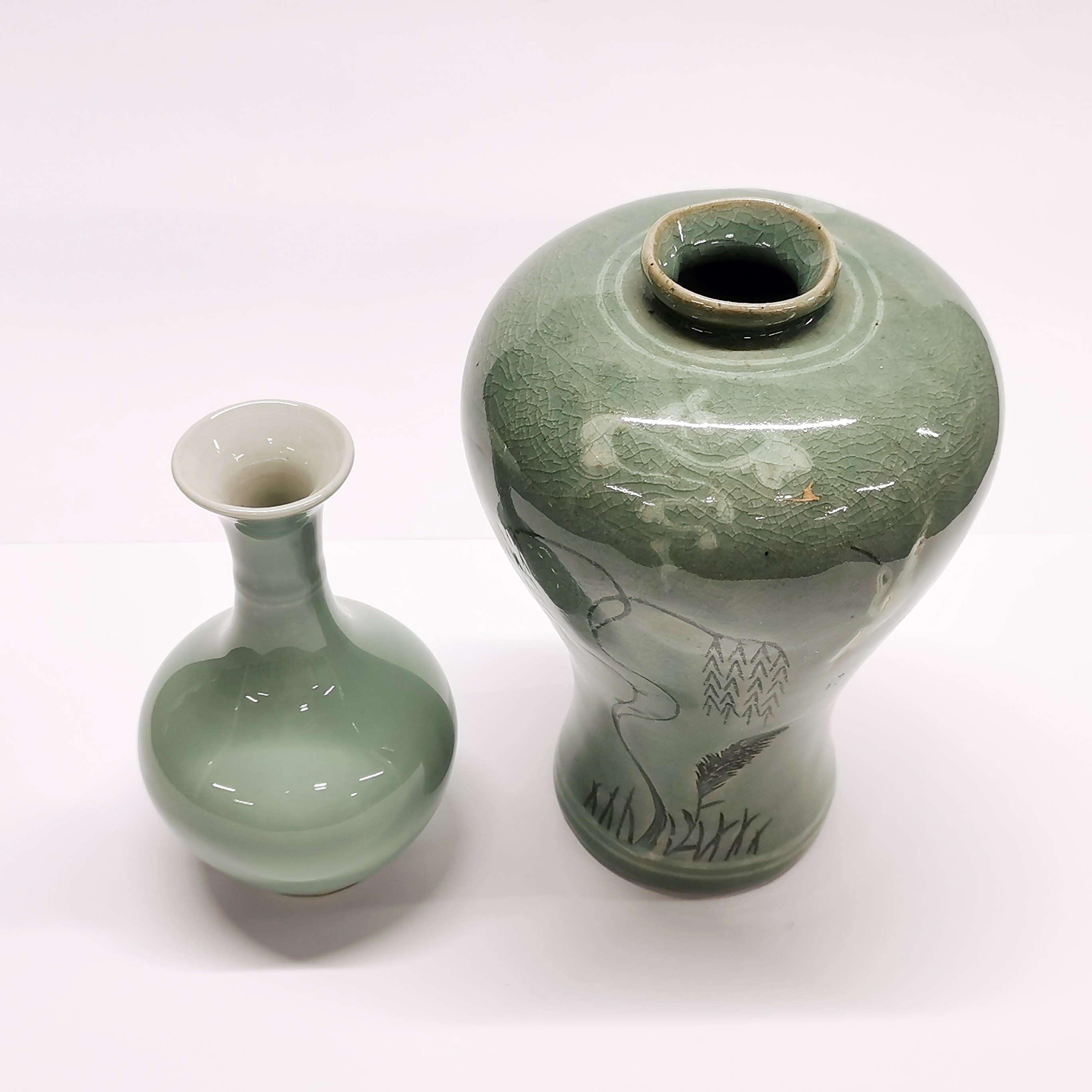 Two Chinese celadon glazed porcelain vases, tallest. 20cm. - Image 2 of 3