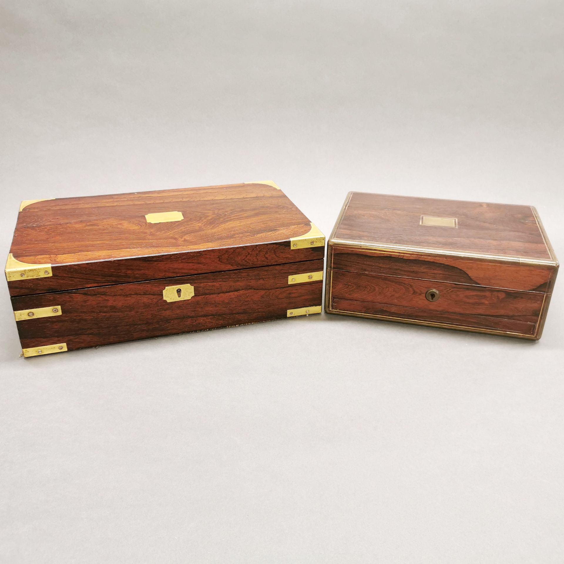 A brass bound mahogany writing slope with a 19thC brass bound rosewood veneered box with secret - Image 4 of 6