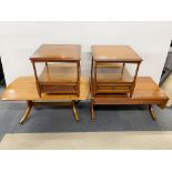 A pair of mahogany single drawer side tables together with a matching drop leaf coffee table and