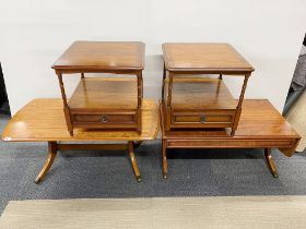 A pair of mahogany single drawer side tables together with a matching drop leaf coffee table and