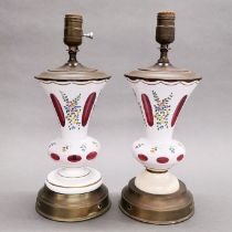 A pair of mounted Bohemian glass table lamp bases, H. 38cm.