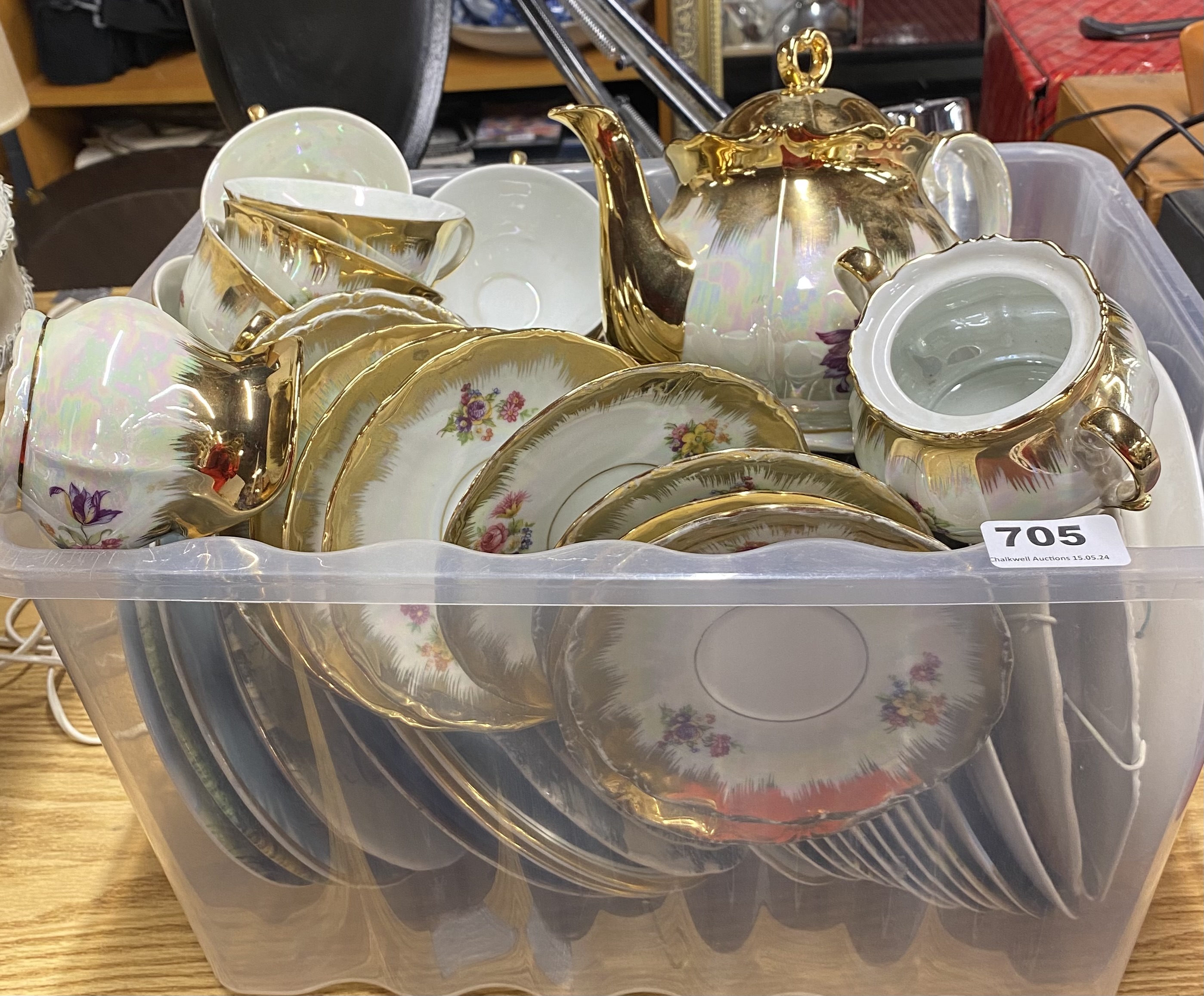A box of good mixed china, including a lustre tea set.