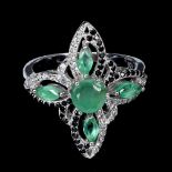 A 925 silver ring set with emeralds and black spinels, ring size P.