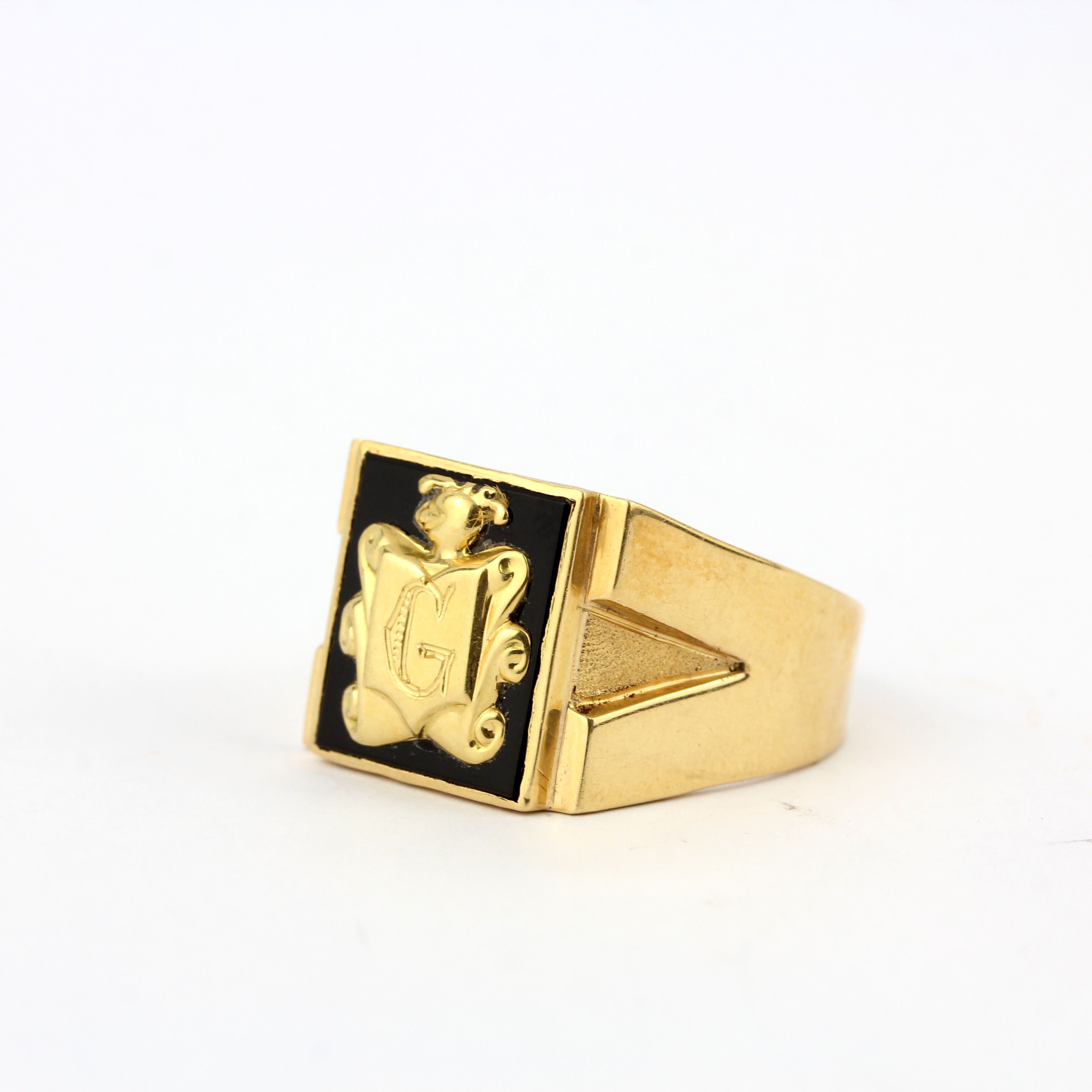 A yellow metal (tested 14ct gold) enamelled signet ring, ring size X. - Image 3 of 3